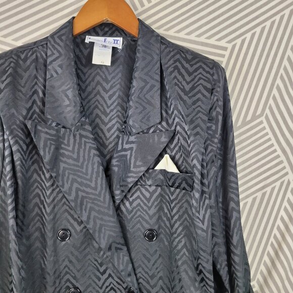 Vintage 80s Power Suit Jacket Dress Size 14 16 Evening Career Black Satin Blazer - Picture 3 of 7